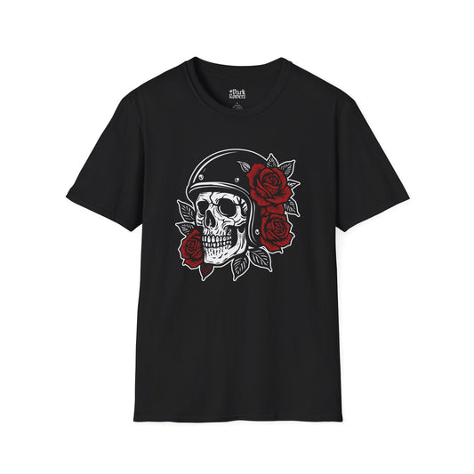 Gothic Skull with Vintage Helmet & Crimson Roses T-Shirt