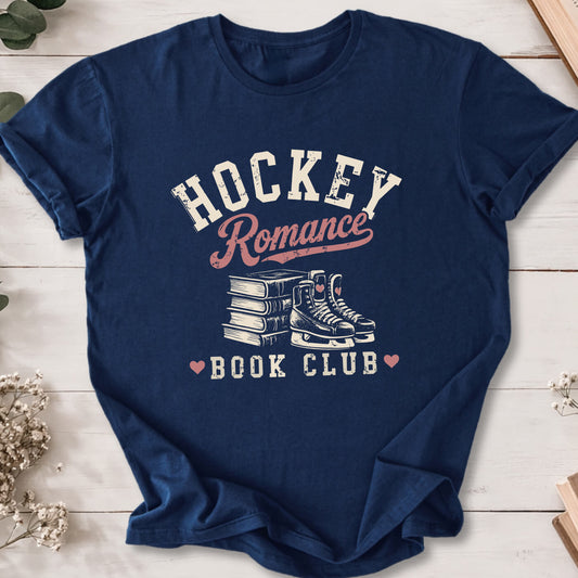 Hockey Romance Book Club t-shirt on navy Gildan 64000 featuring books and hockey skates.