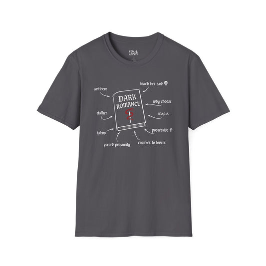 Dark Romance Book of Tropes charcoal dark romance t-shirt and tee – soft Gildan 64000 style made for readers who fall for villains, crave danger, and love twisted love stories.