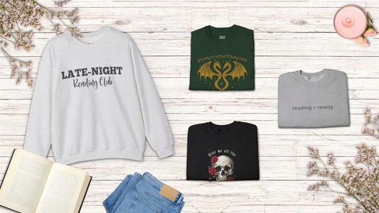 Cozy bookish, romantasy and dark romance sweatshirts displayed as perfect holiday gifts for readers