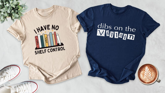 Bookish vs dark romance t-shirts showing reader humor and villain-inspired designs for different reading aesthetics