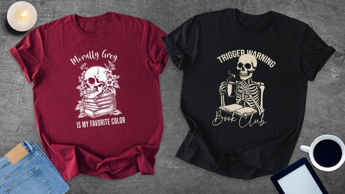 Dark romance reader t-shirts with morally grey quote and trigger warning book club design styled flat lay
