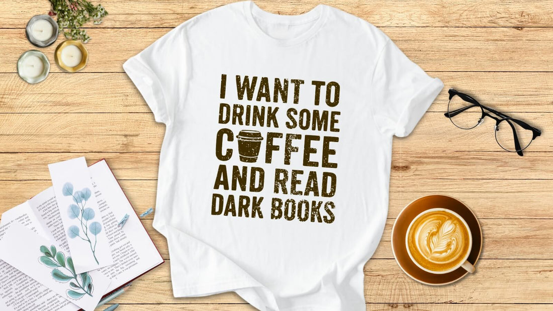 Bookish flatlay with a DarkRomers T-shirt, open books, coffee and glasses — cozy reader aesthetic for bookish and dark romance fans.
