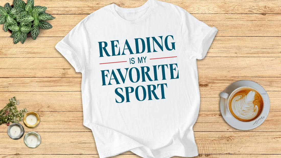 Bookish t-shirt with the quote 'Reading is my favorite sport' on a cozy reading flat lay