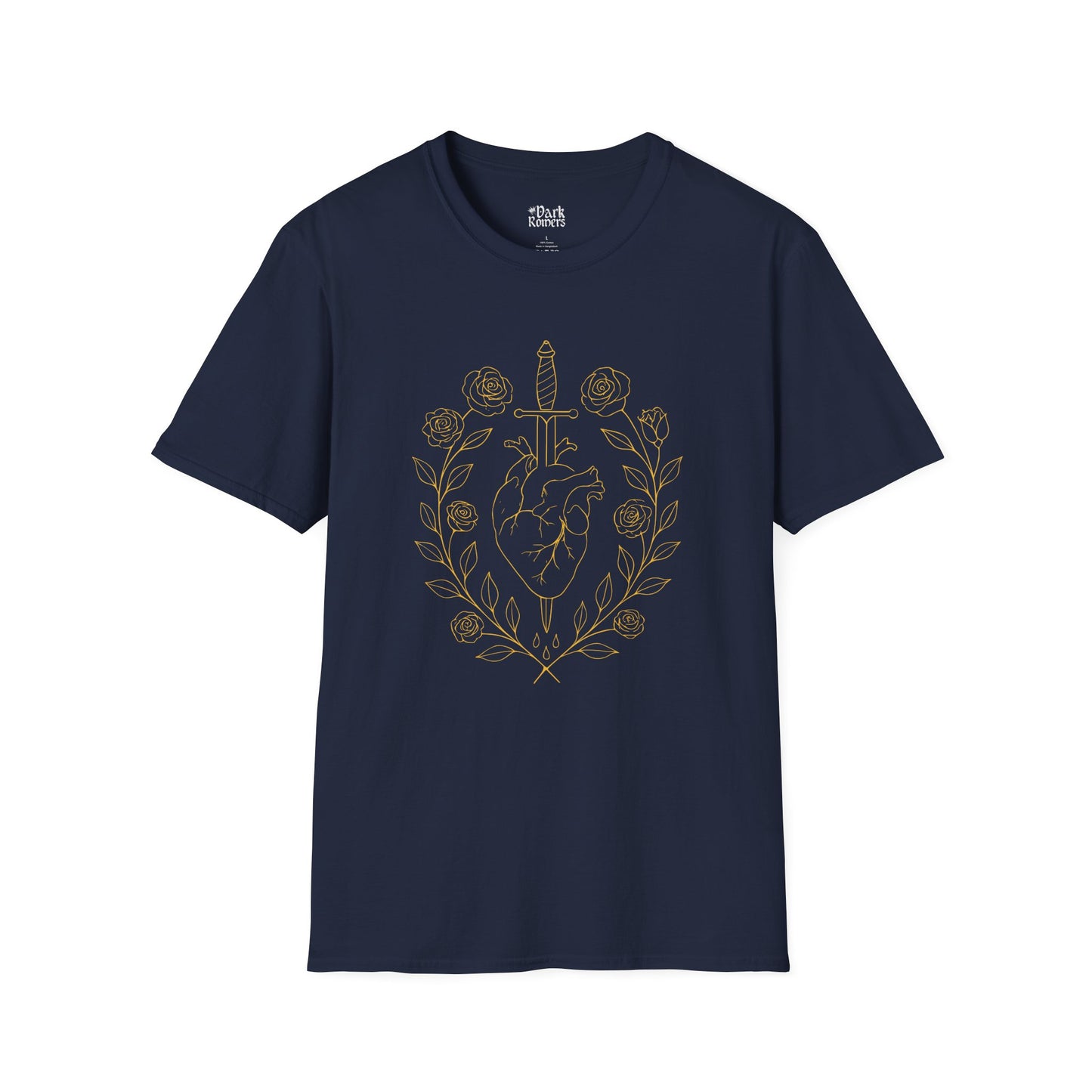 A Heart Pierced by a Dagger with Ornaments of Branches with Leaves and Roses T-Shirt