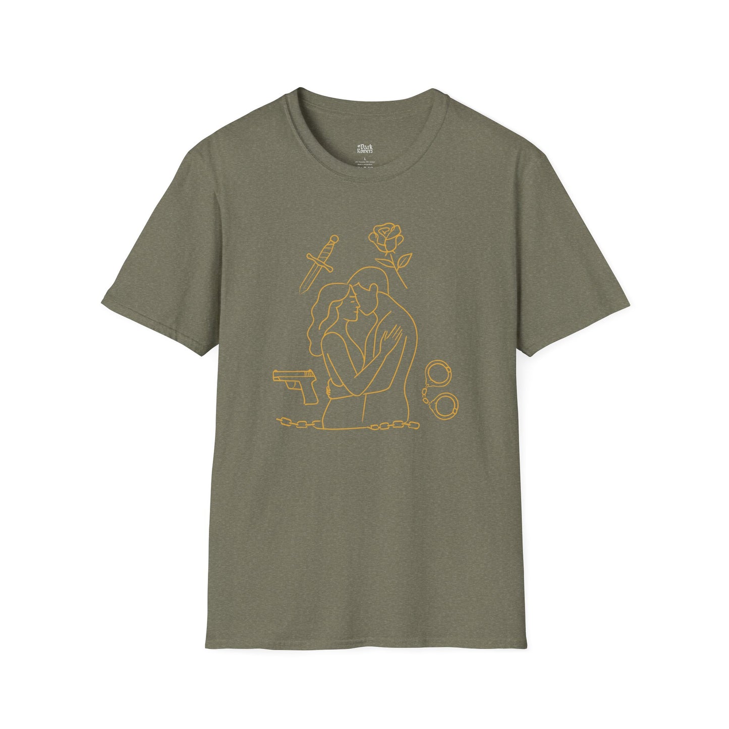 Romantic Couple with Rose, Gun, Sword, and Handcuffs T-Shirt