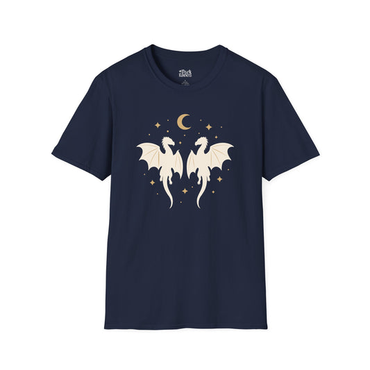 Dragons Under the Moon and Stars navy romantasy t-shirt – magical Gildan 64000 tee inspired by fae realms, dragons, and fantasy lovers.