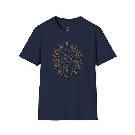 A Heart Pierced by a Dagger with Ornaments of Branches with Leaves and Roses navy dark romance t-shirt for readers