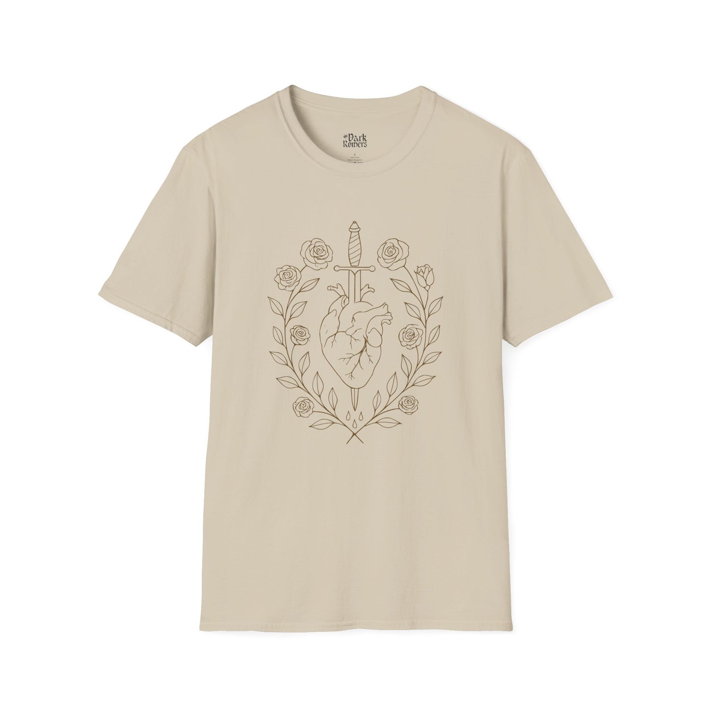 A Heart Pierced by a Dagger with Ornaments of Branches with Leaves and Roses T-Shirt