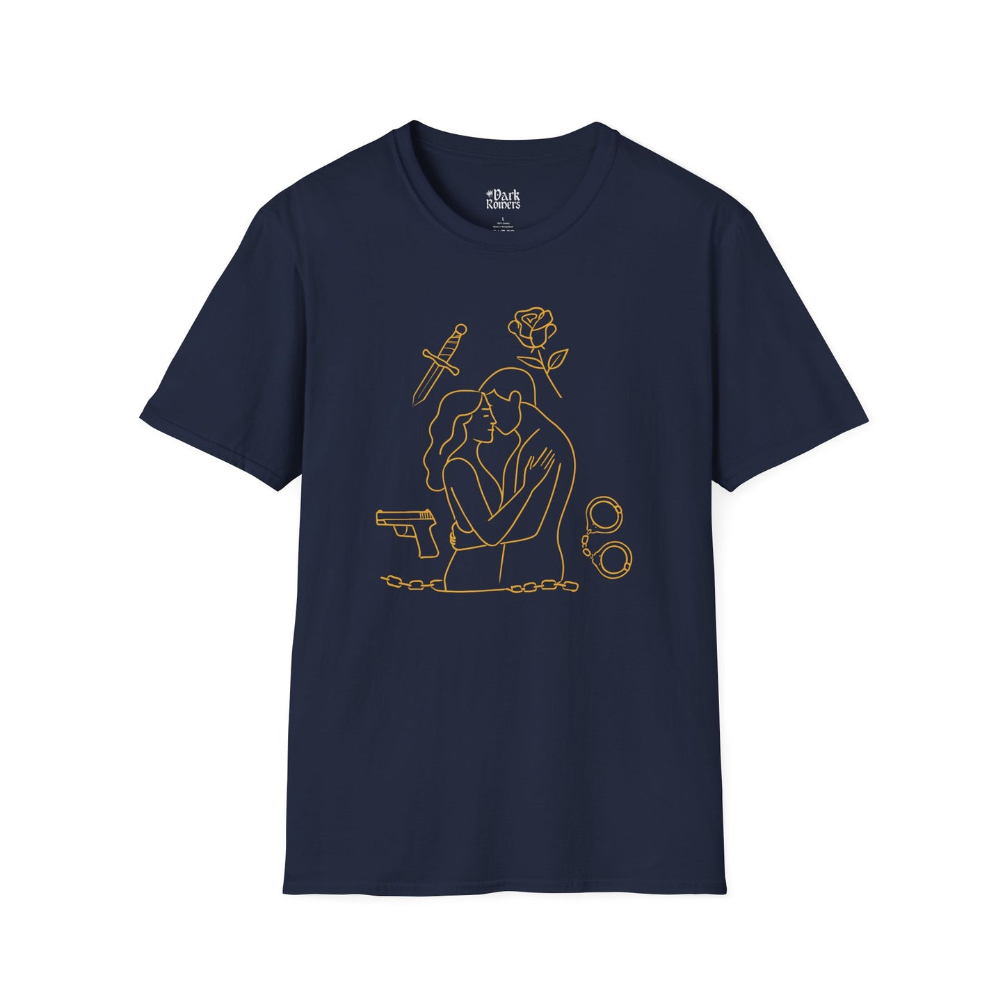 Romantic Couple with Rose, Gun, Sword, and Handcuffs T-Shirt