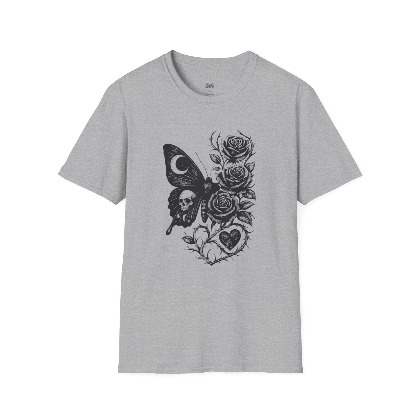 Skull, Moth, Roses, Thorny Vines, and a Heart T-Shirt