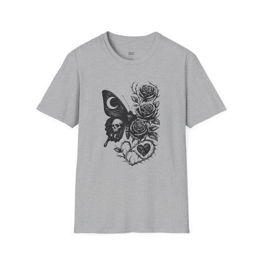 Skull, Moth, Roses, Thorny Vines, and a Heart T-Shirt