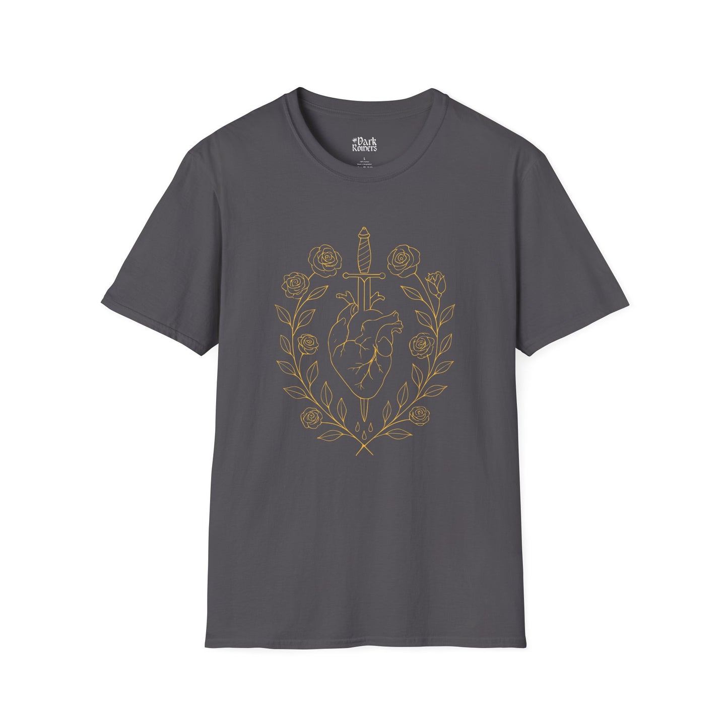 A Heart Pierced by a Dagger with Ornaments of Branches with Leaves and Roses T-Shirt