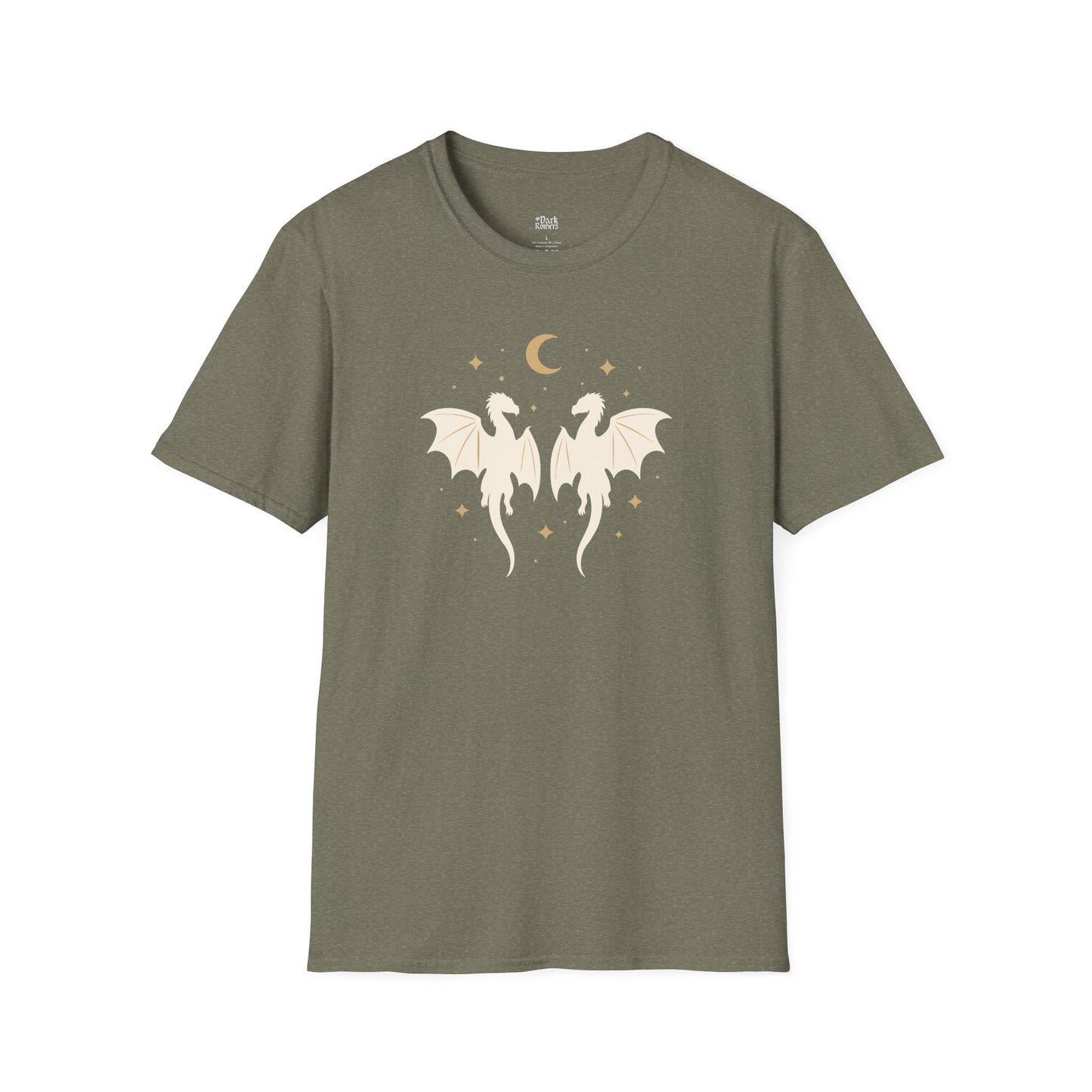 Dragons Under the Moon and Stars heather military green fantasy reader t-shirt