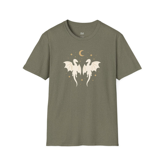 Dragons Under the Moon and Stars heather military green fantasy reader t-shirt