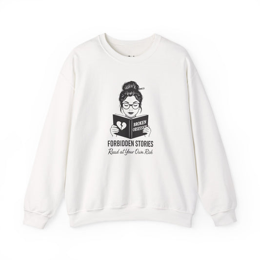 Forbidded Stories. Read at Your Own Risk white dark romance sweatshirt – cozy Gildan 18000 crewneck made for readers who fall for villains, crave danger, and love twisted love stories.