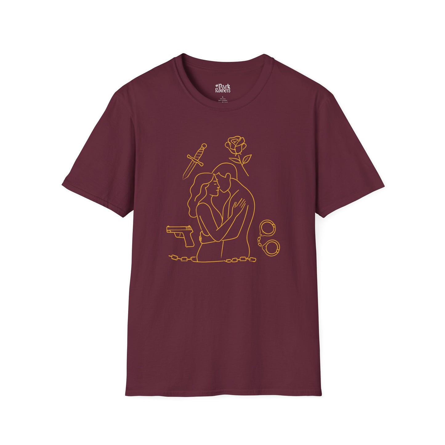 Romantic Couple with Rose, Gun, Sword, and Handcuffs T-Shirt