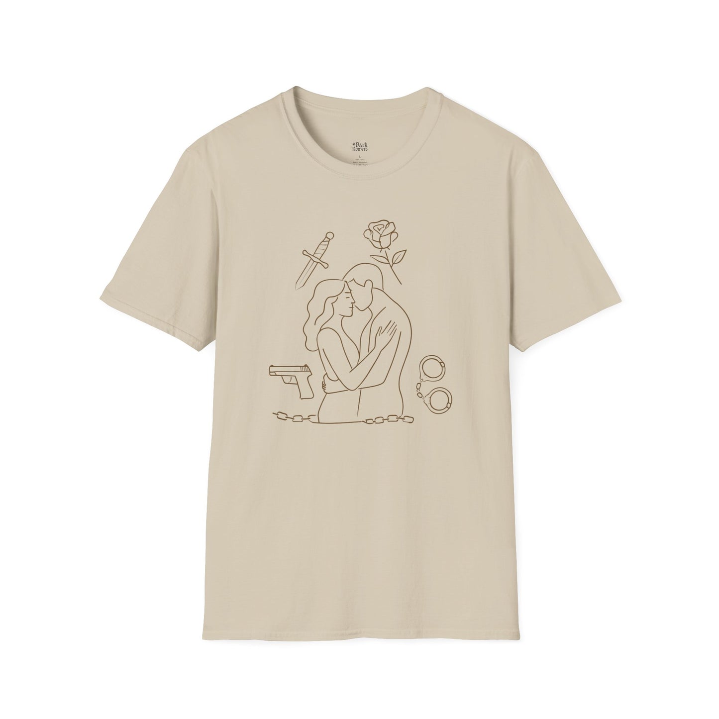 Romantic Couple with Rose, Gun, Sword, and Handcuffs T-Shirt
