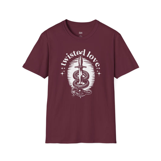 Twisted Love with a Dagger and Snake maroon dark romance t-shirt for readers