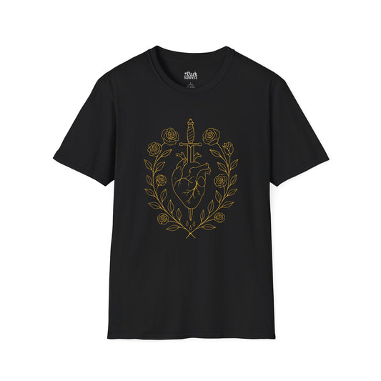 A Heart Pierced by a Dagger with Ornaments of Branches with Leaves and Roses T-Shirt