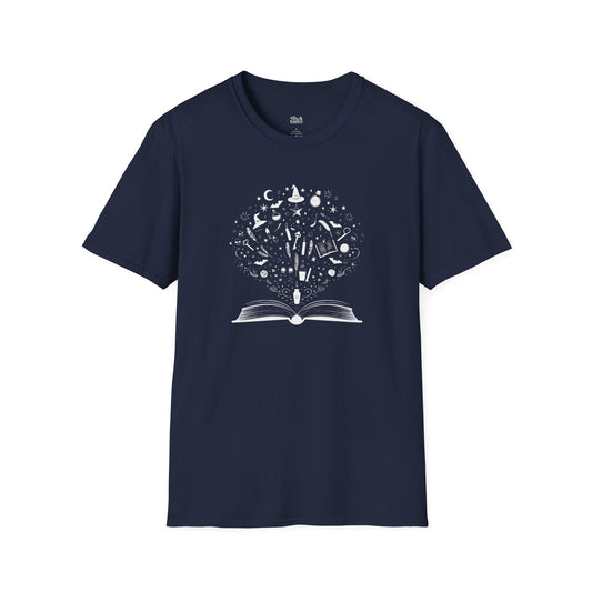 Bookish Magic Illustration navy bookish t-shirt – cozy Gildan 64000 tee made for readers who live between chapters and adore bookish vibes.