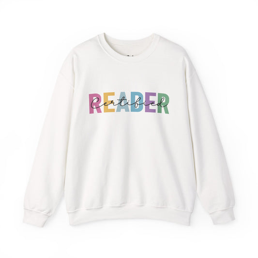 Certified Reader white bookish sweatshirt – cozy Gildan 18000 crewneck for readers who live between chapters and adore bookish vibes.
