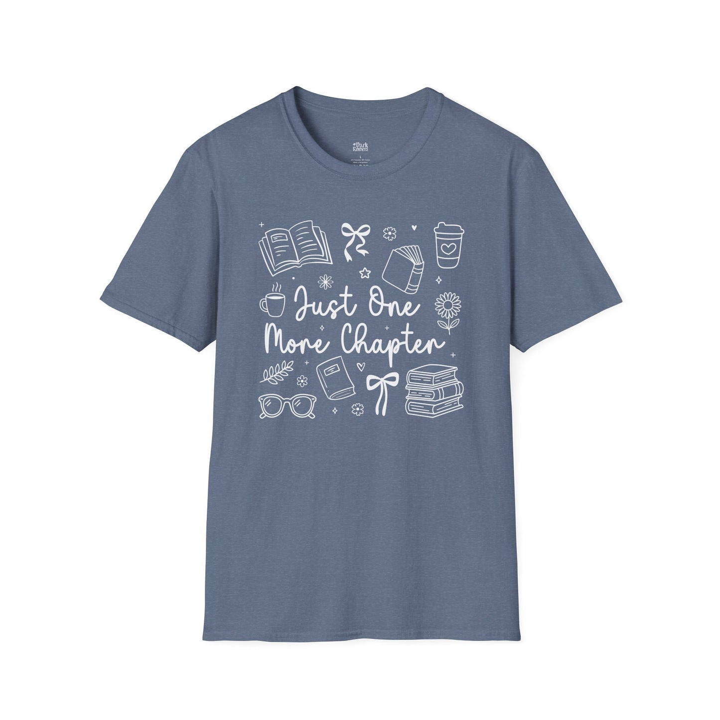 Just One More Chapter Cozy heather indigo blue book lover t-shirt