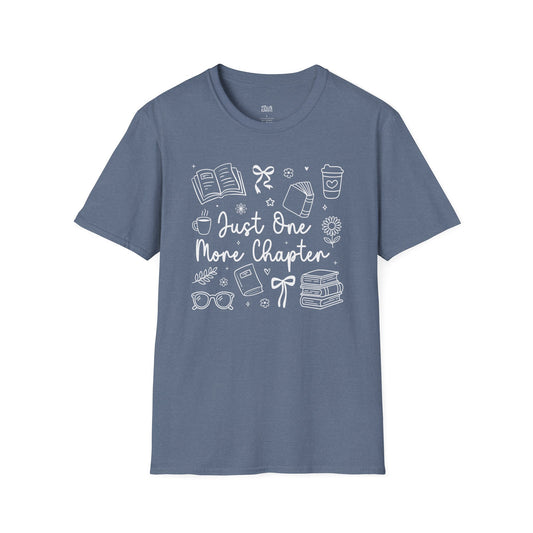 Just One More Chapter Cozy heather indigo blue book lover t-shirt