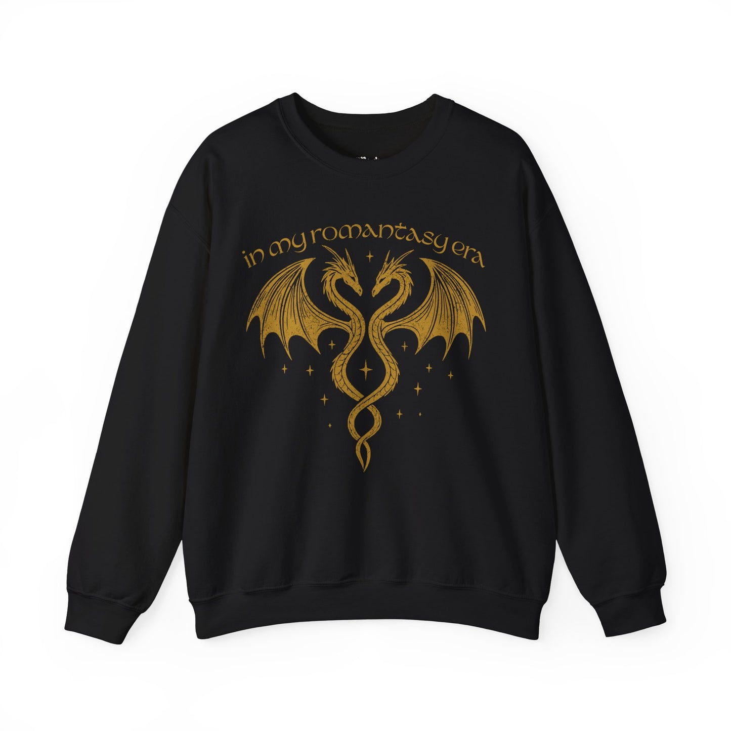 In my romantasy era black romantasy sweatshirt – magical Gildan 18000 crewneck inspired by fae realms, dragons, and fantasy lovers.