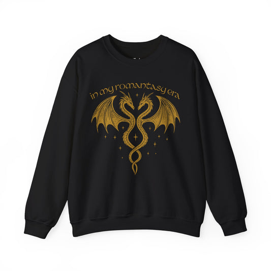 In my romantasy era black romantasy sweatshirt – magical Gildan 18000 crewneck inspired by fae realms, dragons, and fantasy lovers.