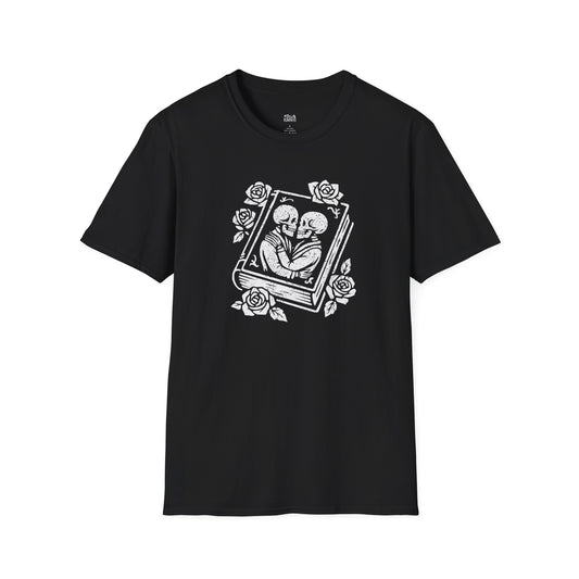 Skeleton Lovers on a Book Cover black dark romance t-shirt for readers