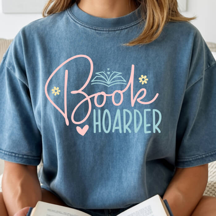 Book Hoarder jean blue bookish t-shirt – cozy Comfort Colors 1717 garment-dyed tee for readers who live between chapters.