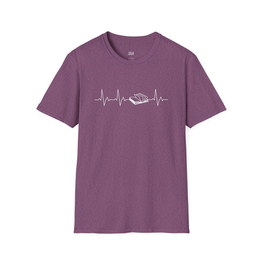 Heartbeat with an open book heather maroon book lover t-shirt