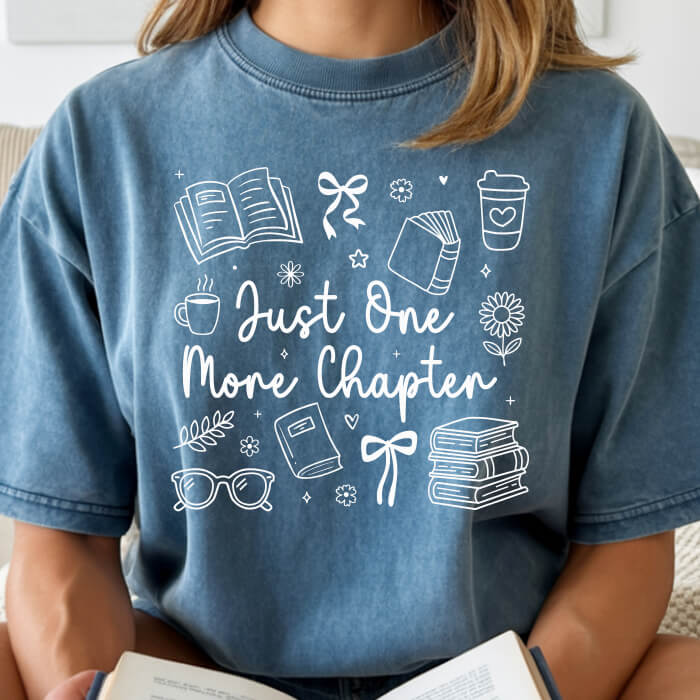 Just One More Chapter Cozy jean blue bookish t-shirt – cozy Comfort Colors 1717 garment-dyed tee for readers who live between chapters.