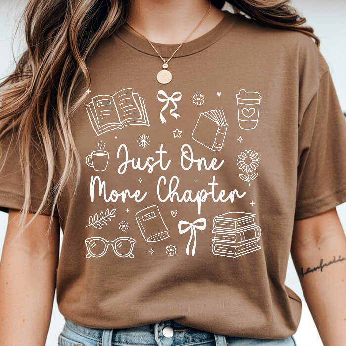 Just One More Chapter Cozy espresso bookish t-shirt – cozy Comfort Colors 1717 garment-dyed tee for readers who live between chapters.