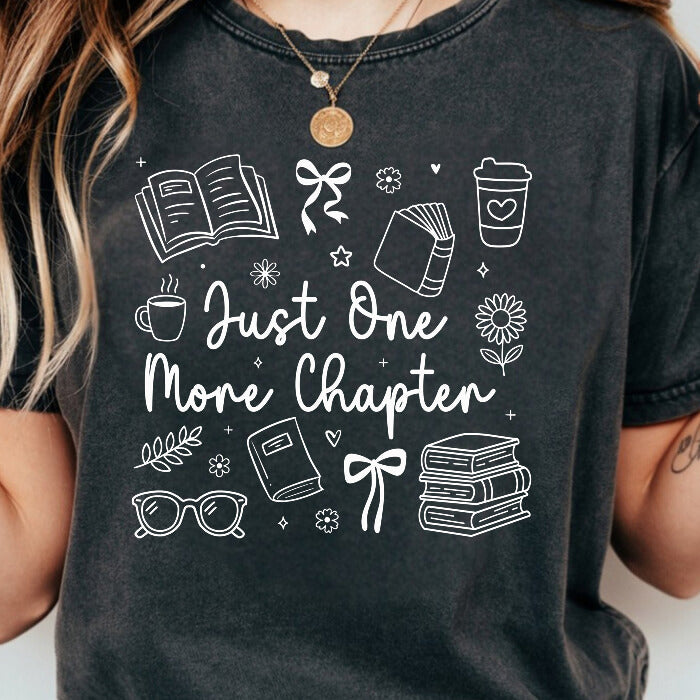 Just One More Chapter Cozy pepper bookish t-shirt – cozy Comfort Colors 1717 garment-dyed tee for readers who live between chapters.