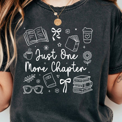 Just One More Chapter Cozy pepper bookish t-shirt – cozy Comfort Colors 1717 garment-dyed tee for readers who live between chapters.