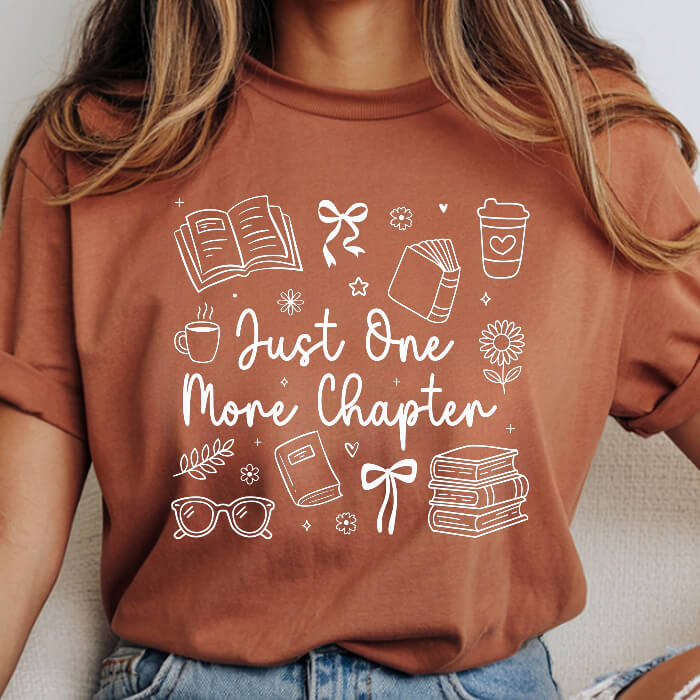 Just One More Chapter Cozy yam bookish t-shirt – cozy Comfort Colors 1717 garment-dyed tee for readers who live between chapters.