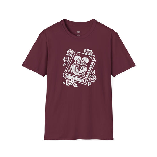 Skeleton Lovers on a Book Cover T-Shirt