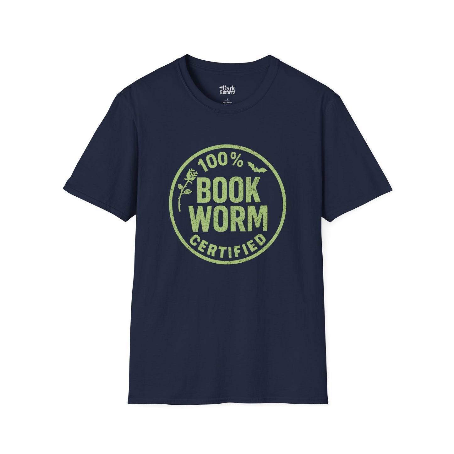 Bookworm 100% certified navy bookish t-shirt – cozy Gildan 64000 tee made for readers who live between chapters and adore bookish vibes.
