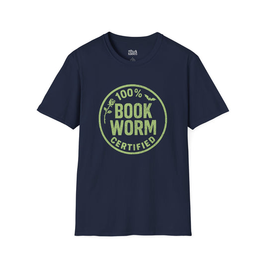 Bookworm 100% certified navy bookish t-shirt – cozy Gildan 64000 tee made for readers who live between chapters and adore bookish vibes.