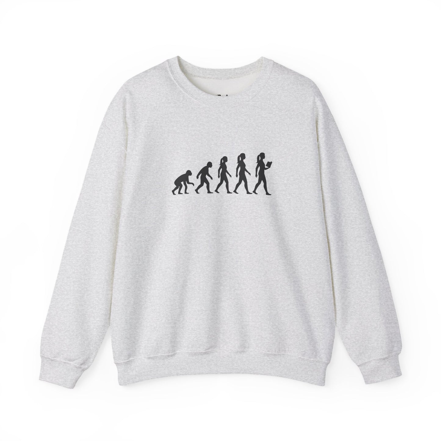 Evolution Of A Reader light grey/ash bookish sweatshirt – cozy Gildan 18000 crewneck for readers who live between chapters and adore bookish vibes.