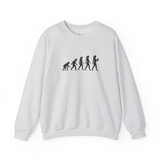 Evolution Of A Reader light grey/ash bookish sweatshirt – cozy Gildan 18000 crewneck for readers who live between chapters and adore bookish vibes.