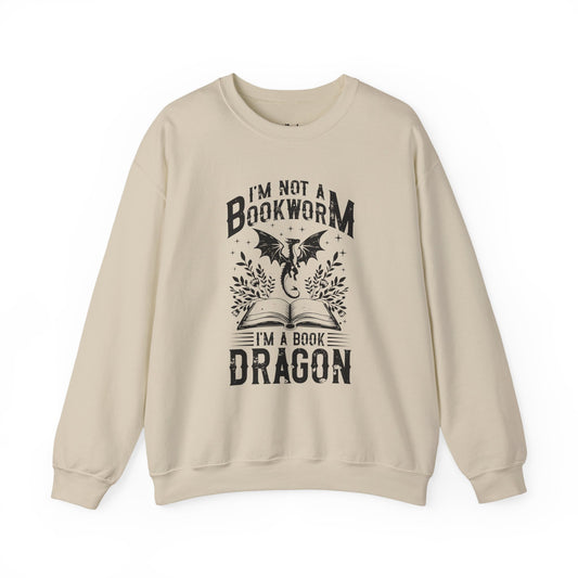 I’m Not a Bookworm, I’m a Book Dragon sand romantasy sweatshirt – magical Gildan 18000 crewneck inspired by fae realms, dragons, and fantasy lovers.