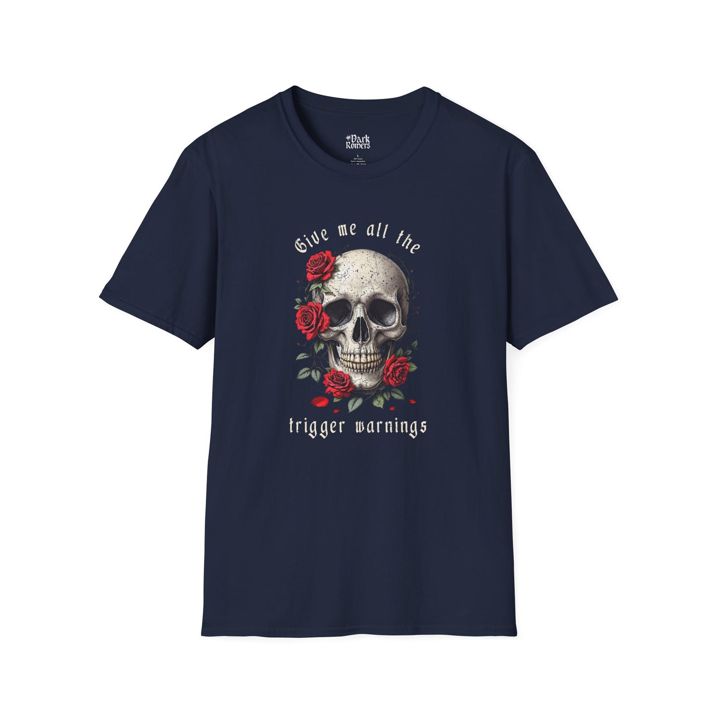 Give me all the trigger warnings navy dark romance t-shirt and tee – soft Gildan 64000 style made for readers who fall for villains, crave danger, and love twisted love stories.