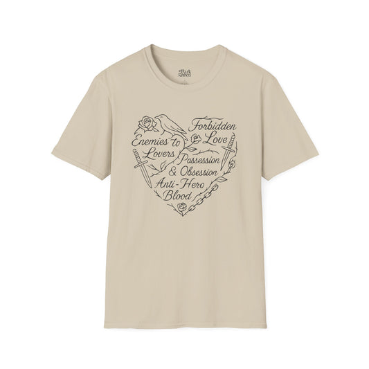 Heart Made of Dark Romance Tropes sand dark romance t-shirt – soft Gildan 64000 tee made for readers who fall for villains, crave danger, and love twisted love stories.