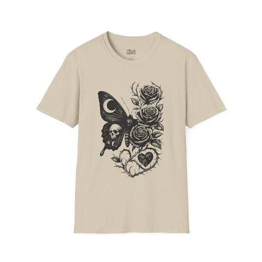 Skull, Moth, Roses, Thorny Vines, and a Heart T-Shirt