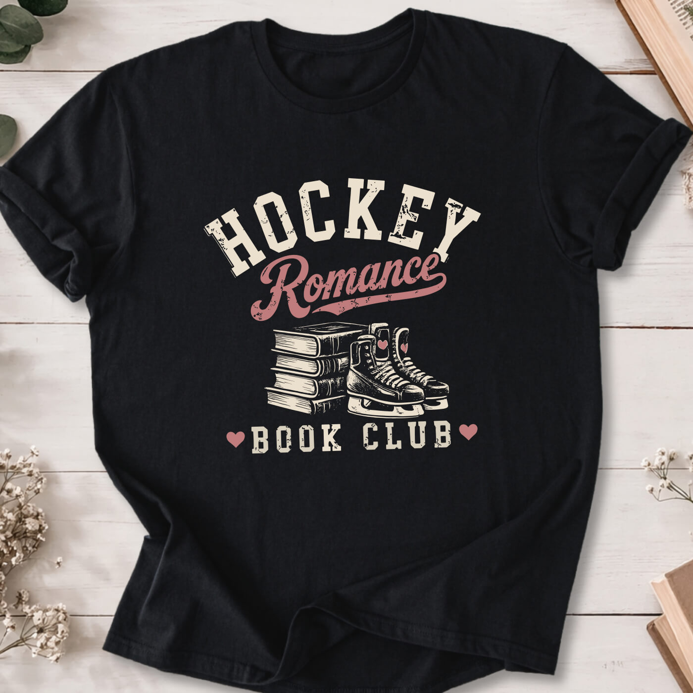 Hockey Romance Book Club t-shirt on black Gildan 64000 featuring books and hockey skates.