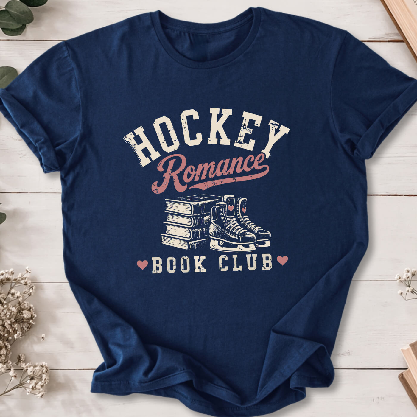 Hockey Romance Book Club t-shirt on navy Gildan 64000 featuring books and hockey skates.