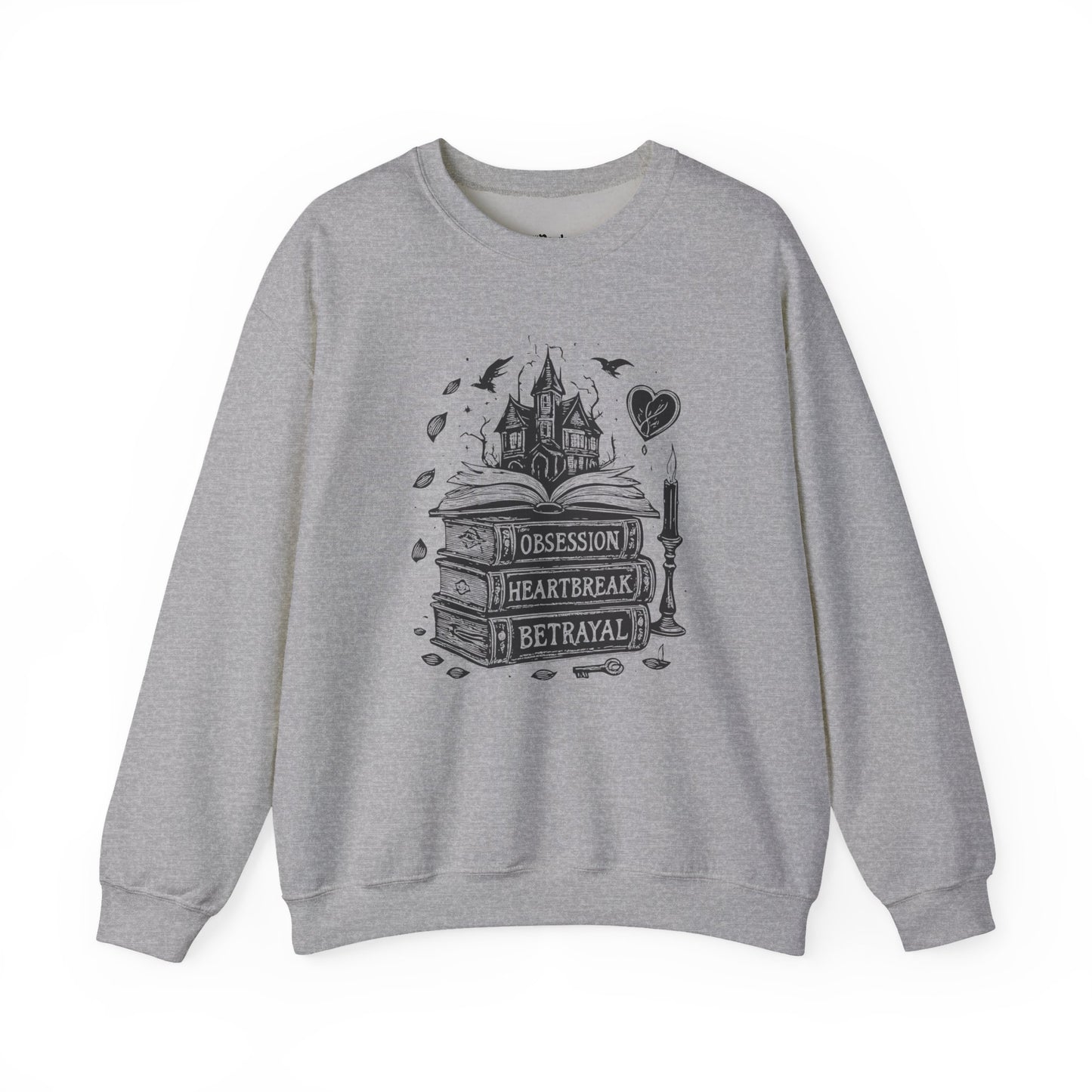 Obsession Heartbreak Betrayal, Books And a Castle Illustration  sport grey dark romance sweatshirt – cozy Gildan 18000 crewneck made for readers who fall for villains, crave danger, and love twisted love stories.